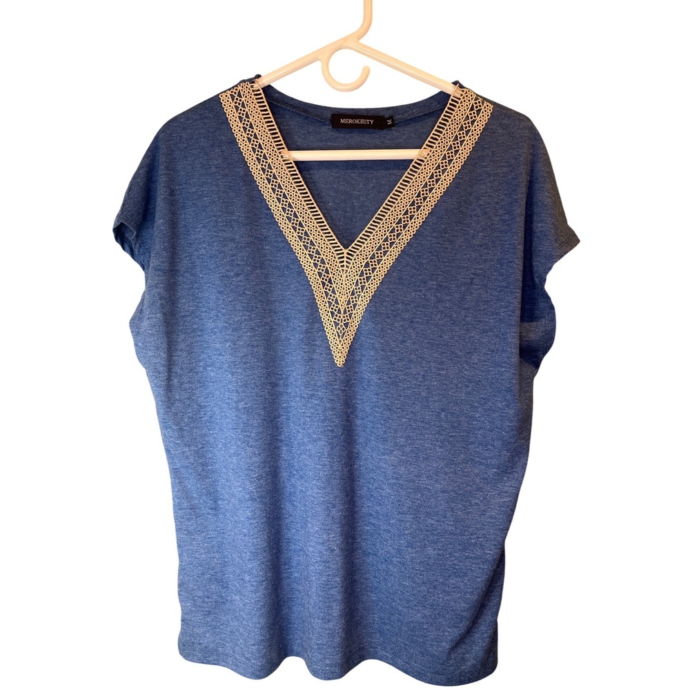 Merokeety Womens Blue Heathered Crochet Lace V-Neck Short Sleeve Top Size M